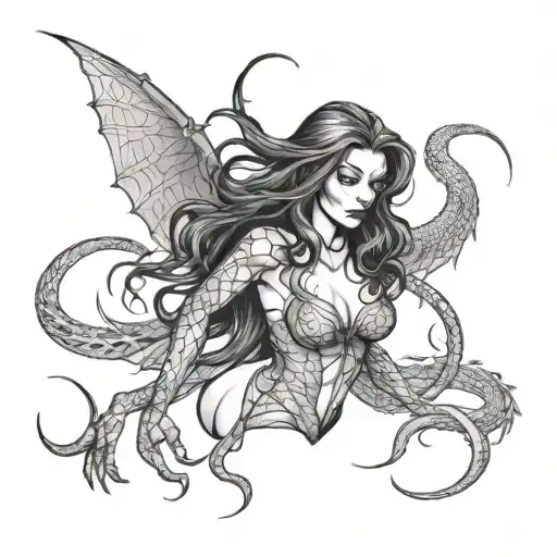 Sexy Spiderwoman With Brown Long Hair With Dragon Wrapped