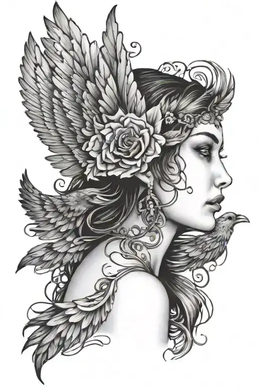 Woman's Face In A Curled Raven's Wing