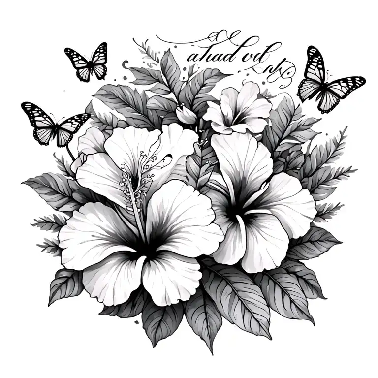 Back Tattoo With Hibiscus Flowers With Butterflies Cursive Words