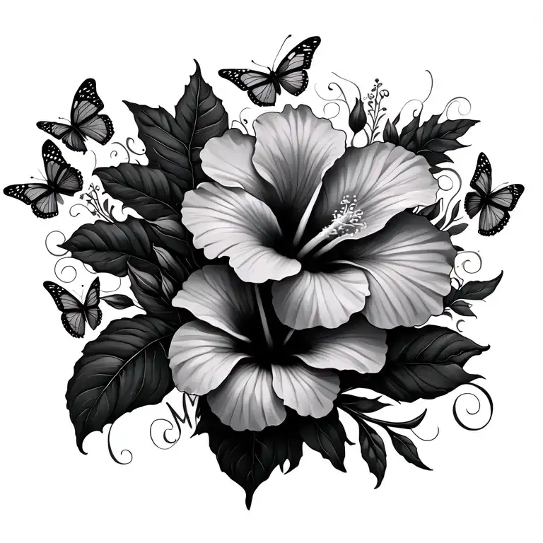 Back Straight Line Tattoo With Hibiscus Flowers With Butterflies Cursive Words