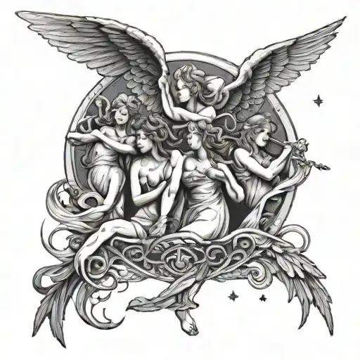 An Angelic Choir Of Capricorn Angels Singing Harmoniously Under A Crescent Moon