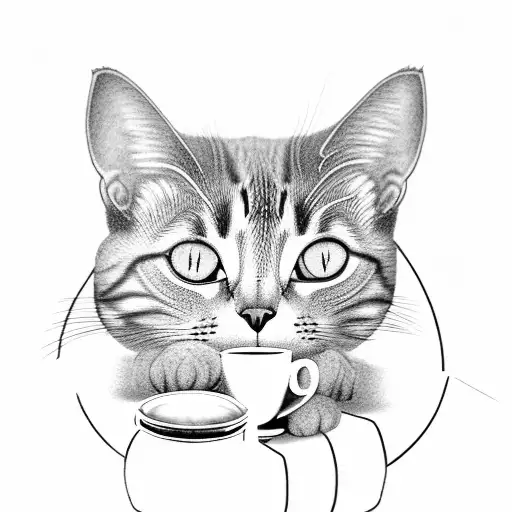 A Black And Grey Tattoo Of A Cat Sipping Coffee In A Cafe