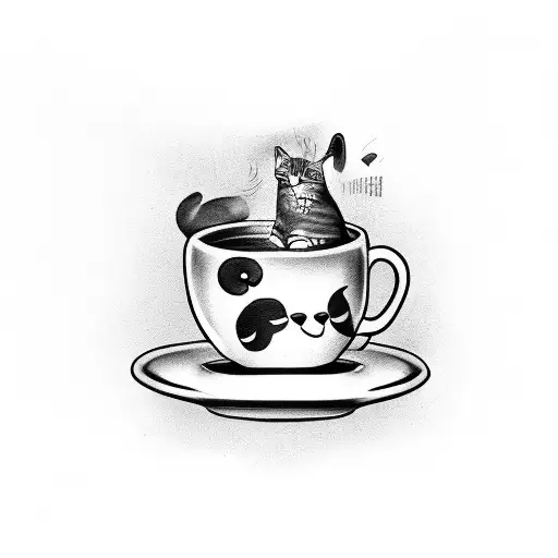 A Black And Grey Tattoo Of A Coffee Cup With A Cat Face On It