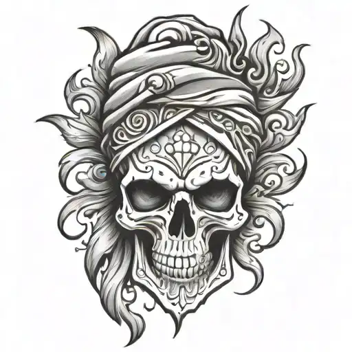 Skull With Bandana Tribal With Flames Sleeve Tattoo Design