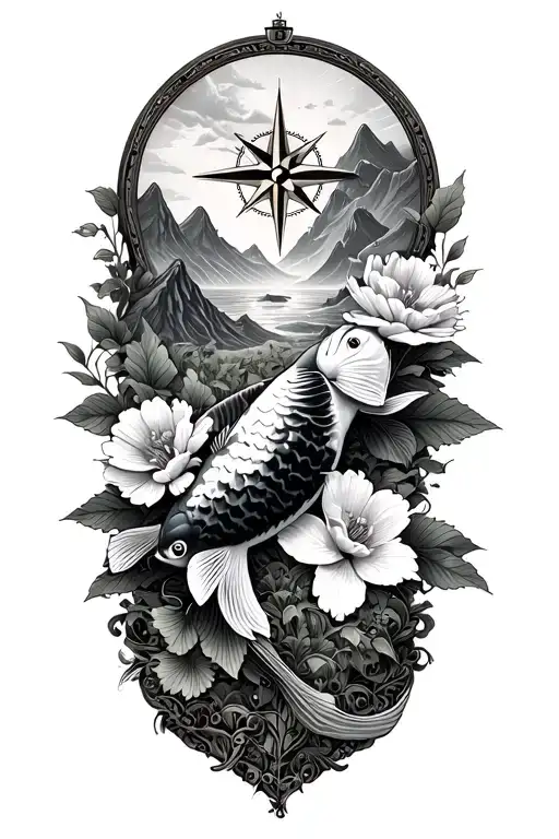 Map With Compass And Moutains Flowers Koi Fish