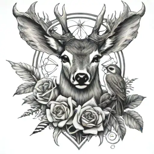Deer With Cross With An Owl And A Humming Bird Sucking Nectar From A Flower With A Barbwire Outline