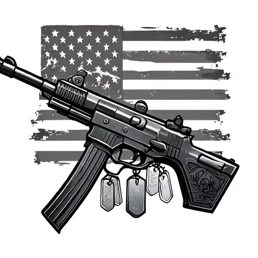 Machine Gun With American Flag And Dog Tags Around It