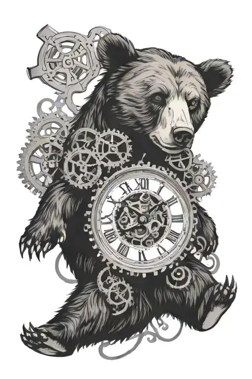 Bear Holding A Momento Mori Clock Face With Gears Intertwined