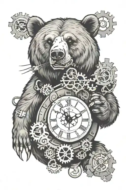 Bear Holding A Momento Mori Clock Face In Is Mouth With Gears Intertwined