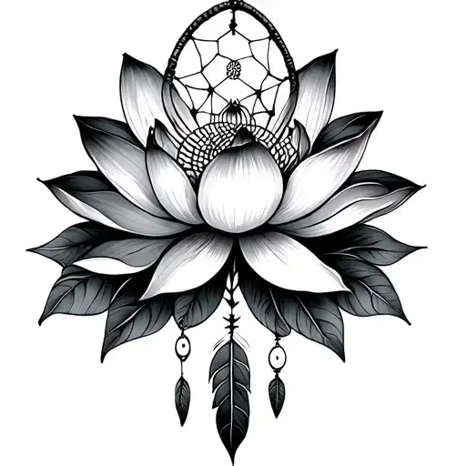 Lotus Flower And Dream Catcher Entangled
