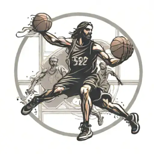 A Basketball Court With A Silhouette Of Jesus Coaching Players In The Background