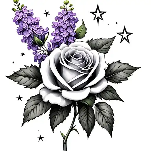 Lilacs And Rose Tattoo With Stars Forming