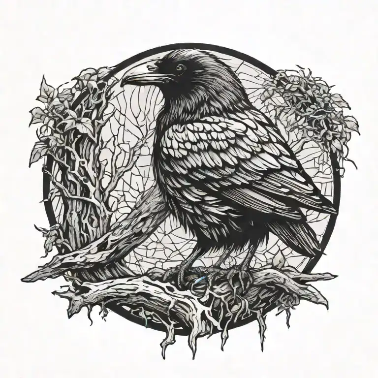 Cyberpunk Raven Setting On Tree Bark