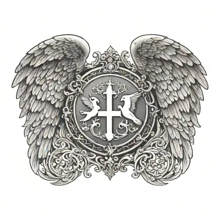Coat Of Arms With Pair Wing Of Dove And Cross And Hand Of God Father