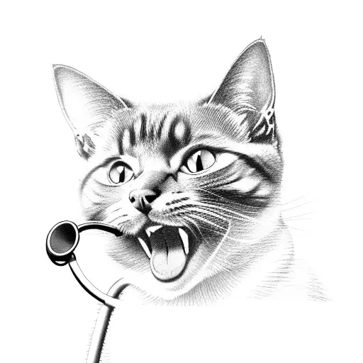 A Black-grey Tattoo Of A Cat Wearing A Stethoscope With Paw Prints Forming A Heart Shape