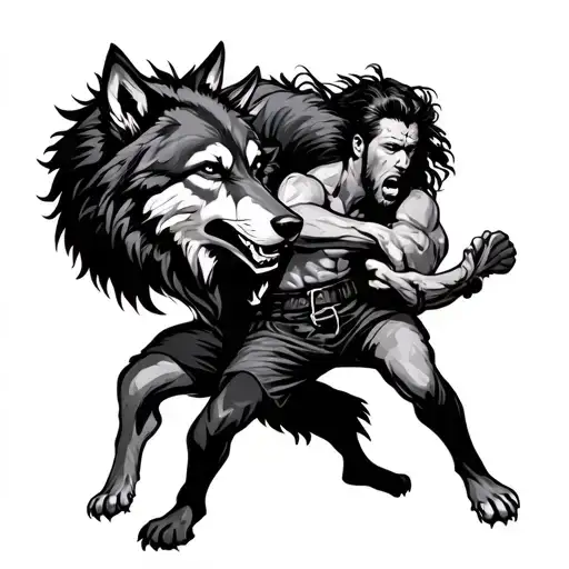 Man Fighting Wolf
