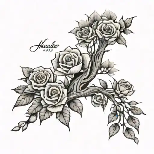 Name Tattoo Showcasing Willow Tree With Roses
