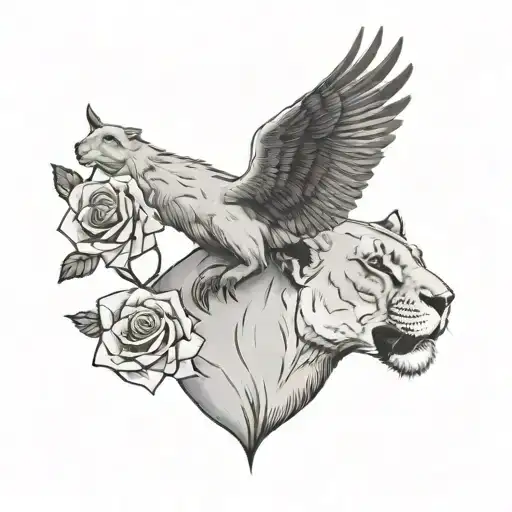 Lioness With A Rose In Its Mouth And Two Birds Flying Over Head