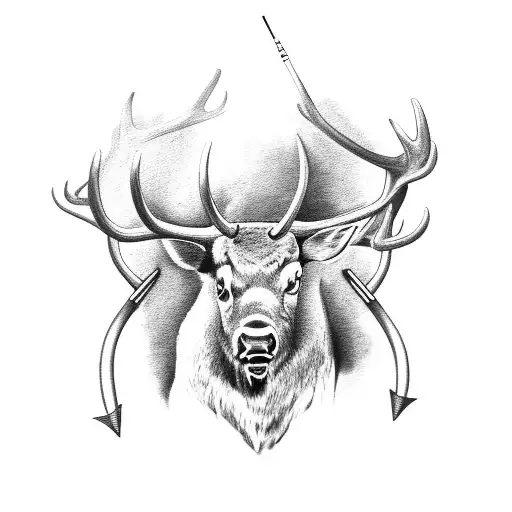 Black-grey Tattoo Of A Roosevelt Bull Elk With A Bow Hunting Arrow Piercing Through Its Antlers