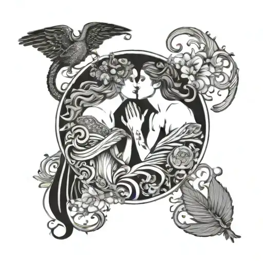 The Lovers Tarot Card With Two Women Kissing On It With Floral Designs Around The Card