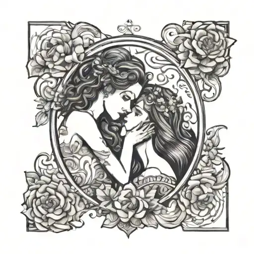 Modern The Lovers Square Tarot Card With Two Women Kissing On It With Floral Designs Around The Card