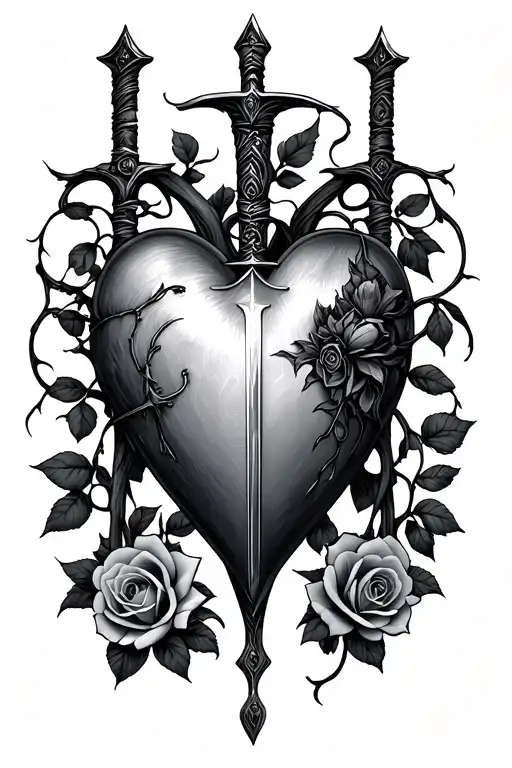 A Heart With A Dagger Through The Middle And Rose Vines Surrounding It