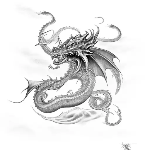 A Black-grey Tattoo Of A Dragon And A Kraken Engaged In An Epic Battle Underwater