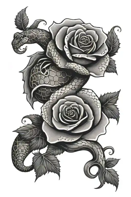Snake Wrapped Round Leg With A Black Rose With Red In The Middle