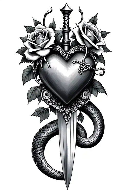 Dagger Piercing Heart And Roses With Serpent Curling