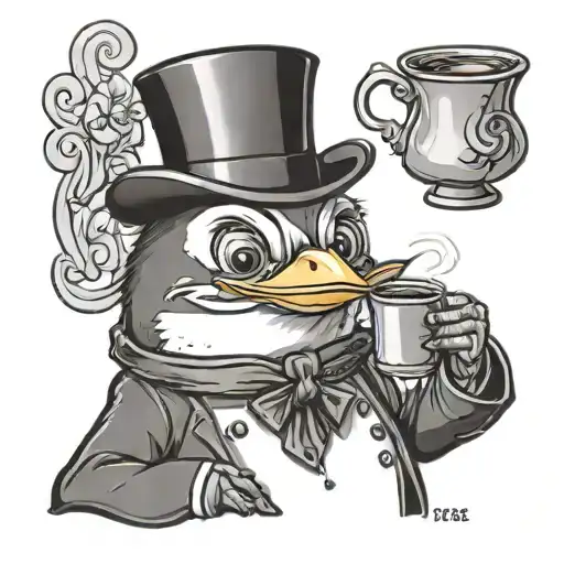 Cartoon Penguin Wearing A Top Hat And Monocle While Sipping Tea