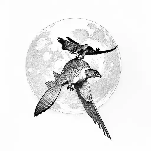 Hawk Holding Trout Flying Over The Moon