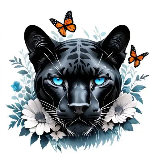 Black Panther With Blue Eyes Flowers And Butterfly Around Panther