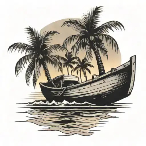 Island Sunset Old Rowing Boat Palm Tree Rum Barrel