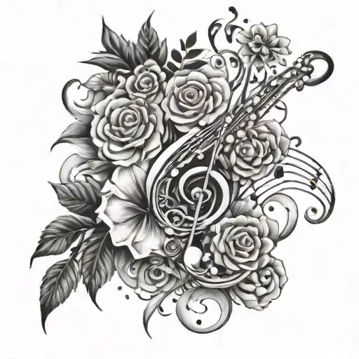 A Galaxy Filled With Musical Notes And Floating Flowers