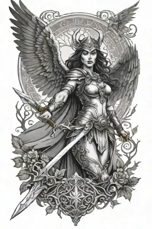 Valkyrie With Wings Holdin Her Sword In The Background Is The Tree Of Life