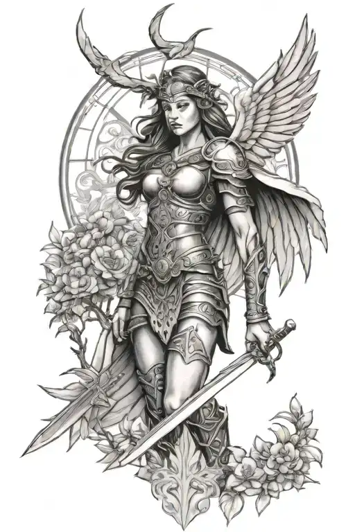Valkyrie With Wings Holdin Her Sword In The Background Is The Tree Of Life