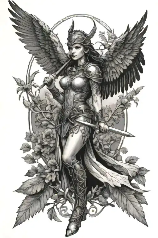 Valkyrie With Wings Holdin Her Sword In The Background Is The Tree Of Life