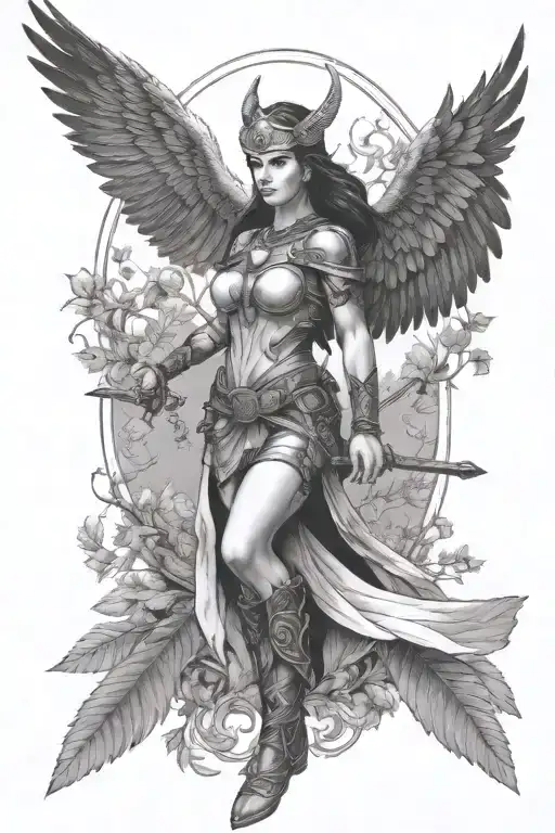 Sexy Valkyrie With Wings Holdin Her Sword In The Background Is The Tree Of Life