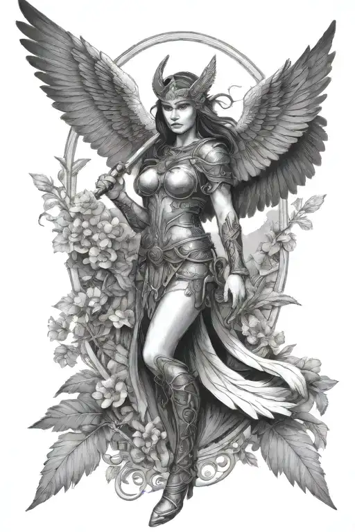 Sexy Valkyrie With Wings Holdin Her Sword In The Background Is The Tree Of Life