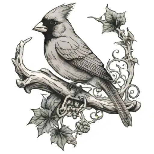 Cardinal Bird Perched On A Shed Deer Antler Intertwined With Ivy