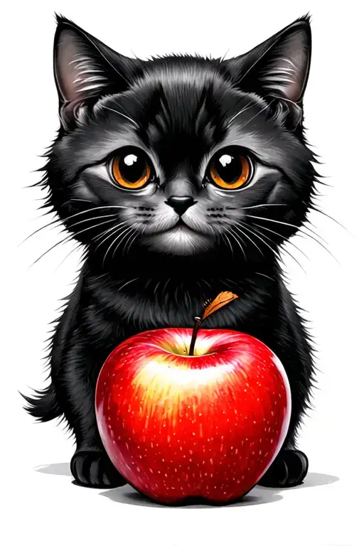 Very Cute Naive Black Cat And Cartoon Red Apple Low On Details