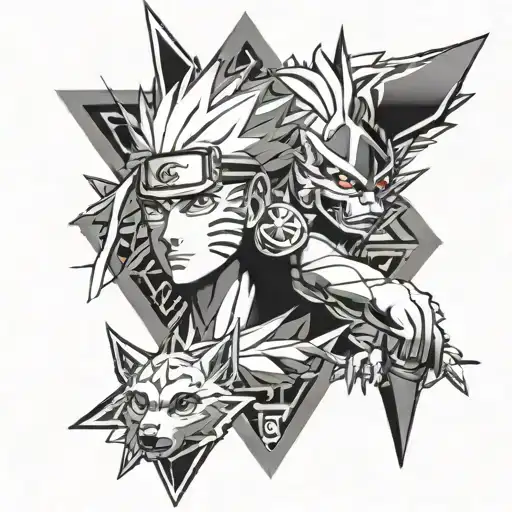 Angry Naruto On Top And Kurama On The Bottom With Triangular Shape
