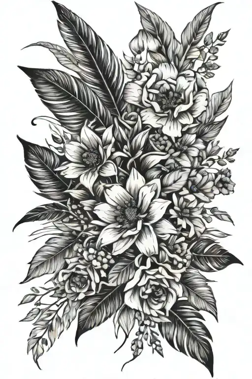 Birth Flower Bouquet Tied With Feather Quill Scrawling Line