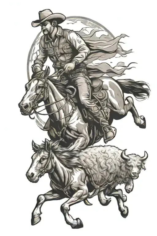 Western Cowboy Riding Horse With Dog Moving Sheep