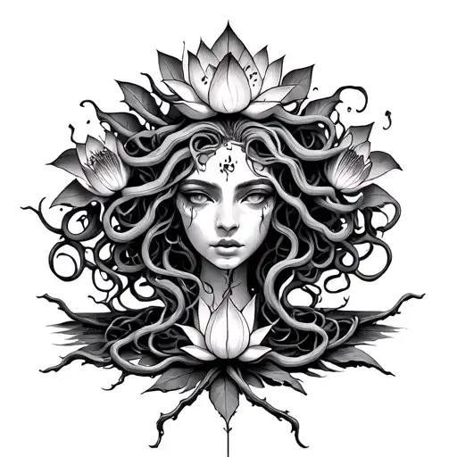 Medusa Tatto And A Poison Tree With Lotus Flowers And Branches