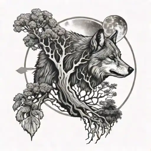 Elder Tree With Waning Moon And Wolf Ear Outline Tattoo Design