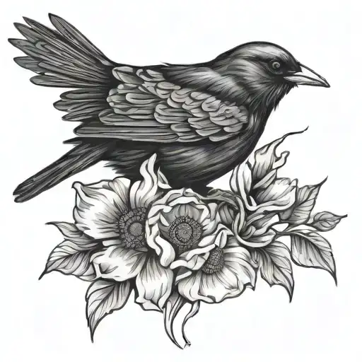 Blackbird With Poppy Flowers Gothic
