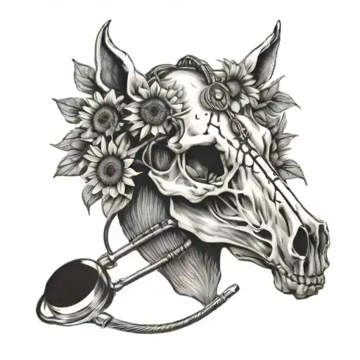 Horse Skull With Stethoscope And Sunflowers