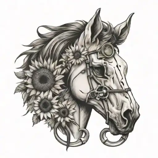Horse Skull With Stethoscope And Sunflowers And Moon