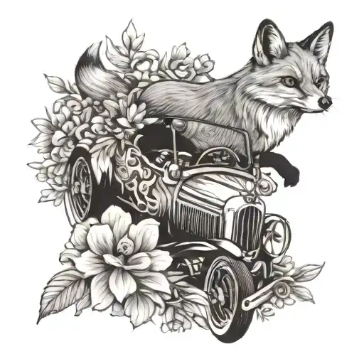A Tattoo Featuring A Fox Driving A Vintage Car Surrounded By Colorful Flowers